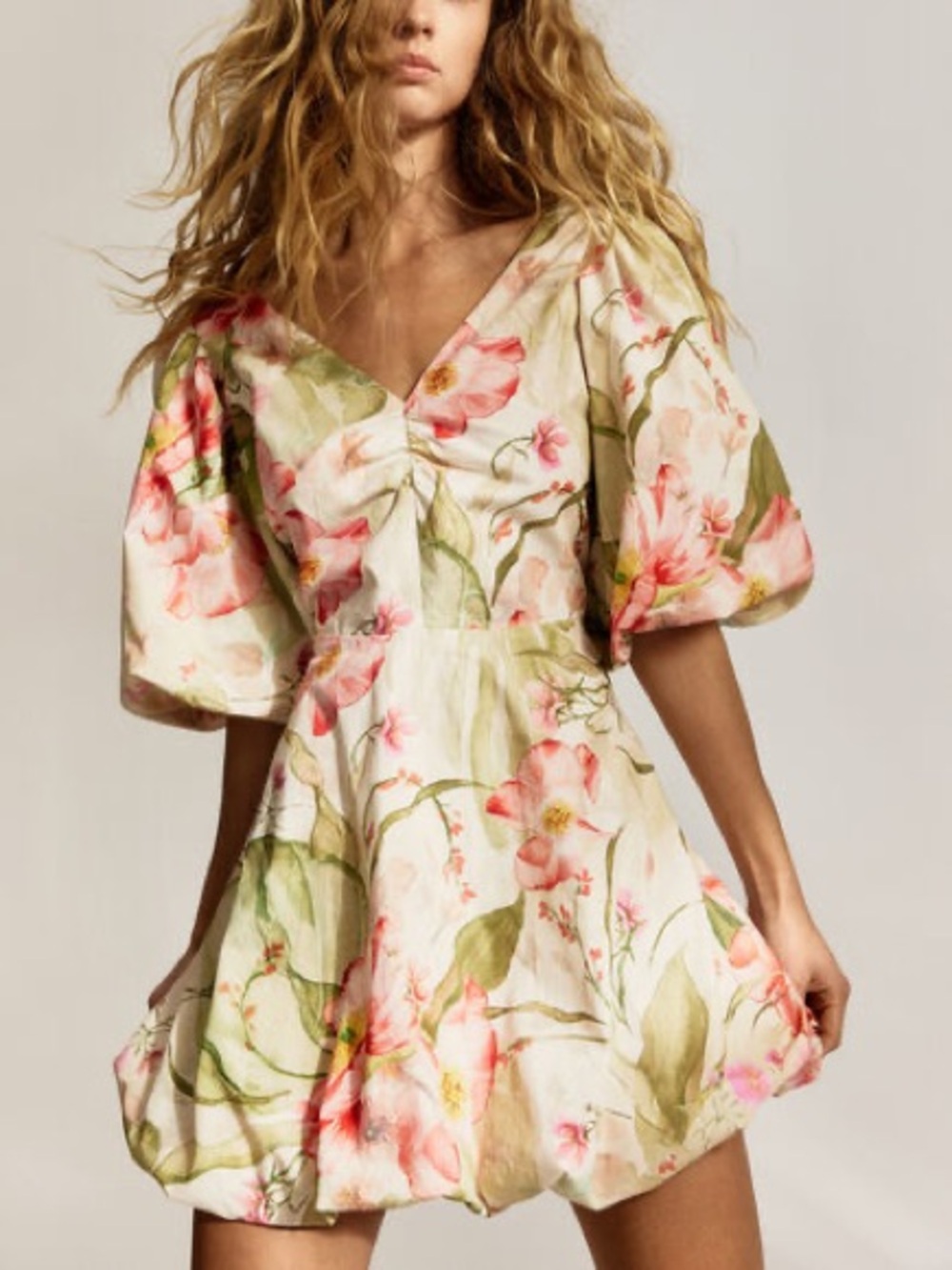 NWT H&M Floral Puff Sleeve Dress Size Medium Bow Tie Back Pink Green